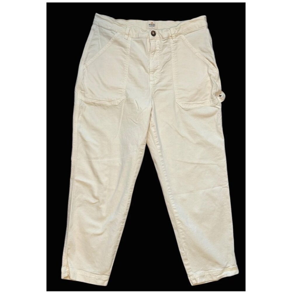 Marine Layer Women 4 Maya Utility Pants Beige Cropped Straight Leg Cotton Blend
